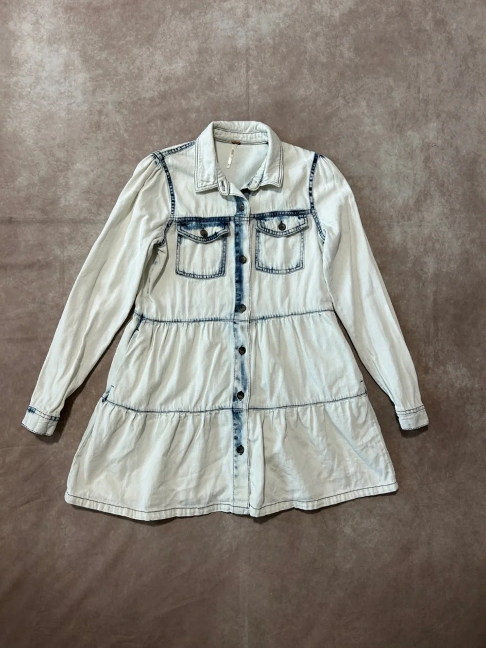 Free People Light Wash Denim Tiered Shirt Dress Button Down 100% Cotton XXS - Picture 1 of 6